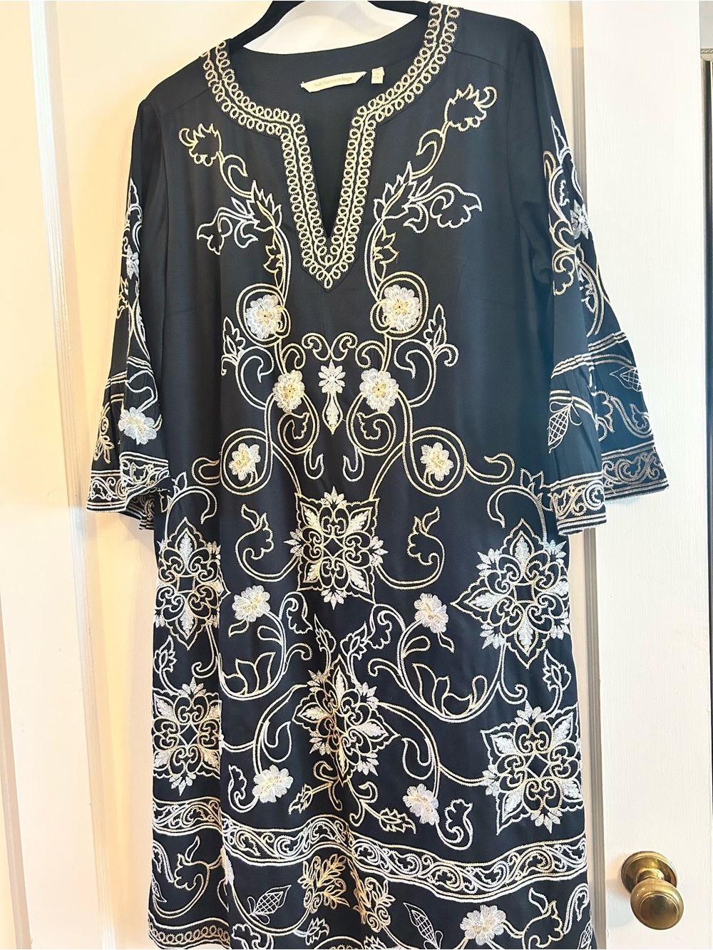 Chico's Black Tunic Dress with Cream Floral Embroidery